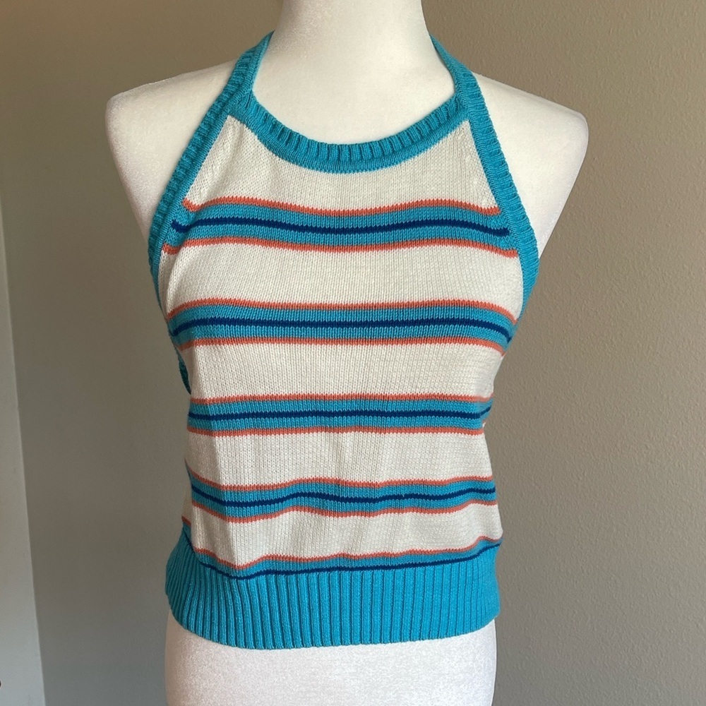 Striped Halter Neck Knit Top - Teal and Cream Size XL